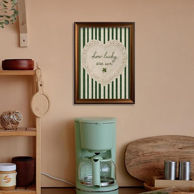 Framed How Lucky Are We Wall Art Vintage Inspirational Quotes Decor Print | Green Striped Lace Heart Aesthetic Painting Poster Trendy Preppy Canvas Picture for Bedroom Collage Ready to Hang 8x10in