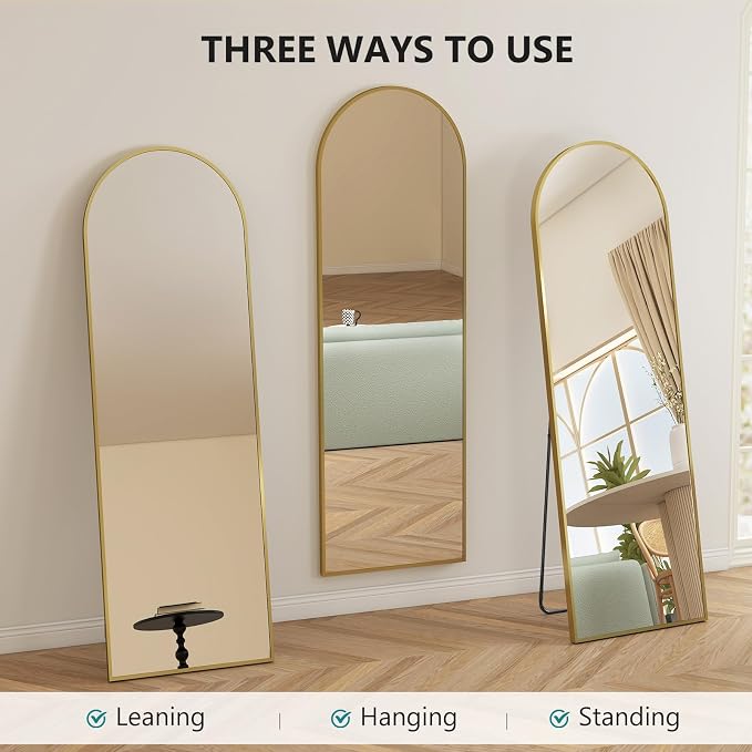 DUMOS 64"x21" Arched Full Length Floor Mirror, Full Body Mirror with Stand, Shatterproof Tempered Glass, Modern Aluminum Alloy Frame, Free Standing or Leaning for Home Decor, Gold