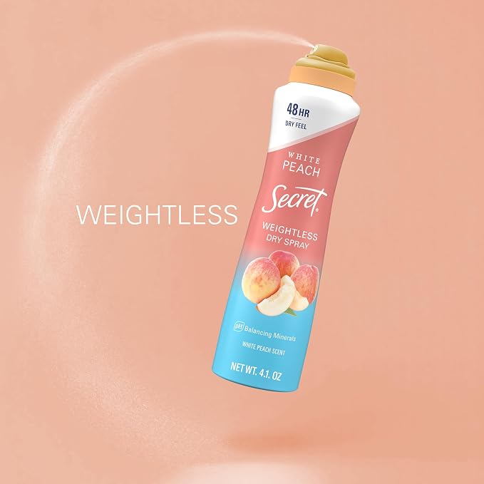 Secret Dry Spray Antiperspirant Deodorant for Women, 48hr Weightless Sweat & Odor Protection, Gentle on Skin, White Peach Scent, 4.1 oz (Pack of 3)