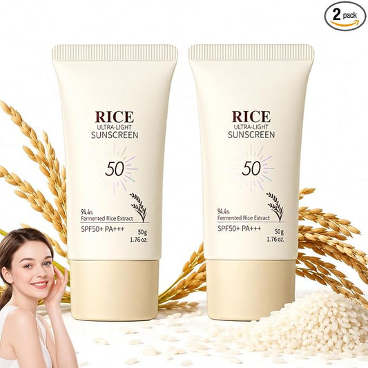 2Pack Rice Sunscreen SPF 50 PA+++ – Korean Daily Face Sunscreen with Rice Extract, Lightweight Face Moisturizer with SPF,Non-Greasy Hydrating Sun Cream for All Skin Types Facial Skincare Set for Women