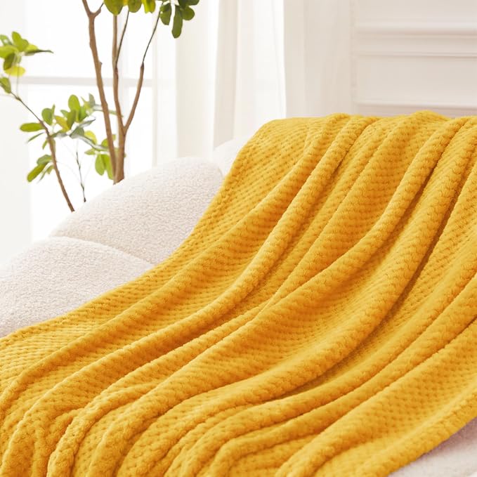 Exclusivo Mezcla Large Waffle Fleece Throw Blanket for Couch, Mustard | Lightweight Soft Blanket for Sofa, Bed, Living Room, Plush Fluffy Throw for Home Decor, Travel, All Season, 50x70 Inches