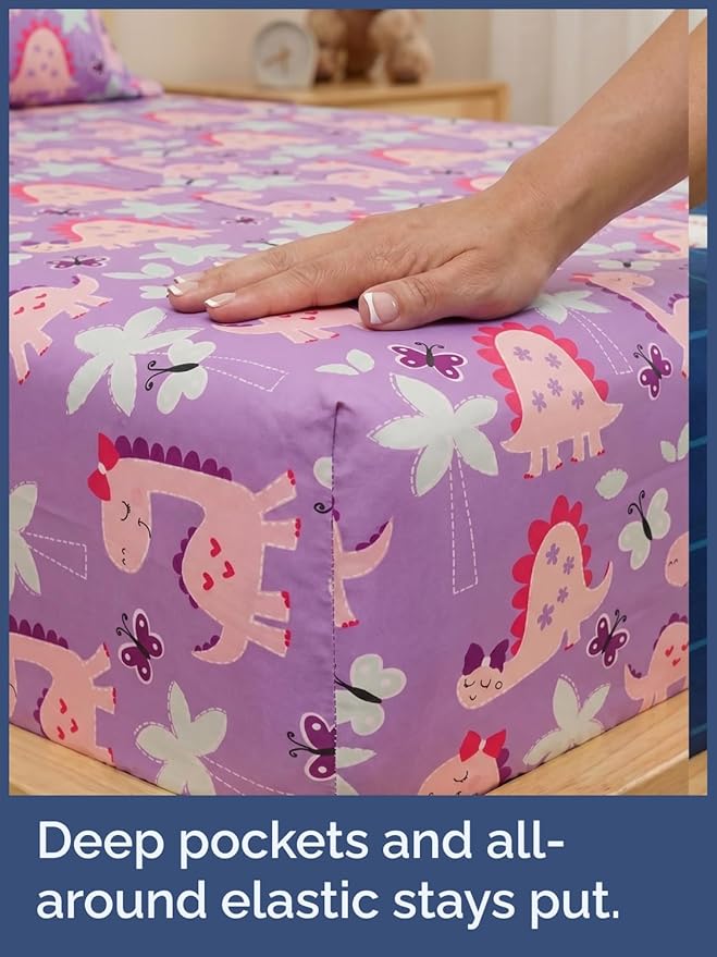 CGK Unlimited Kids Pink Dinos Twin 3 Piece Sheet Set - Boys, Girls, Teens, Toddler - Easy Fit with Deep Pockets - Soft, Cooling & Breathable Sheets - Cute, Cozy, Fade & Wrinkle Free - Machine Washable