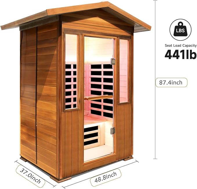 Outdoor Sauna 2 Person 1800W/110V Low EMF Dry Sauna Infrared Sauna for Home Inner Board Hemlock Wood/Outer Board Red Cedar, 8 Heating Panels with LCD Control Panel/Speaker and Tempered Glass Door
