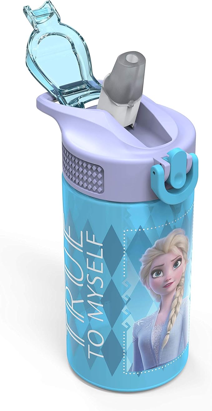 Zak Designs Disney Frozen 2 Kids Water Bottle with Spout Cover and Carrying Loop, Durable Plastic, Leak-Proof Water Bottle Design for Travel (16 oz, 2-Pack, Non-BPA, Elsa & Anna)