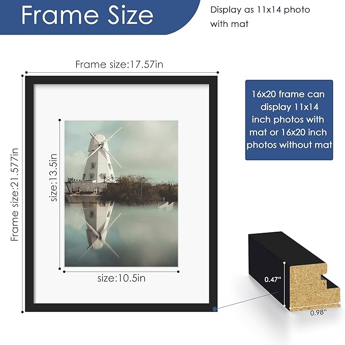 16x20 Picture Frame Set of 6, Wall Mounting Display, Black | Display 11x14 with Mat or 16x20 Without Mat, Horizontal or Vertical, Poster Frame Set for Wedding & Room & Home Decor
