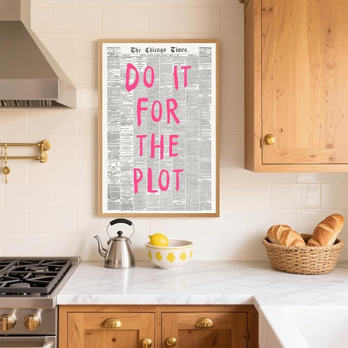 Do It For The Plot Vintage Newspaper Poster Retro Motivational Pink Wall Art Positive Daily Reminder Motivational Quote Print for Bedroom Office Home Decor Aesthetic 8x12inch Wooden Framed
