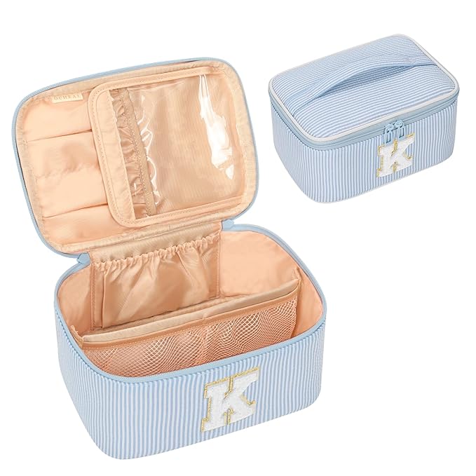 OCHEAL Makeup Bag Valentines Day Gifts for Women, Monogram Cosmetic Bag Blue Travel Makeup Case Beauty Toiletry Bag Organizer Personalized Gifts for Girls Bridesmaid, Sister, Wife, Friends Initial K