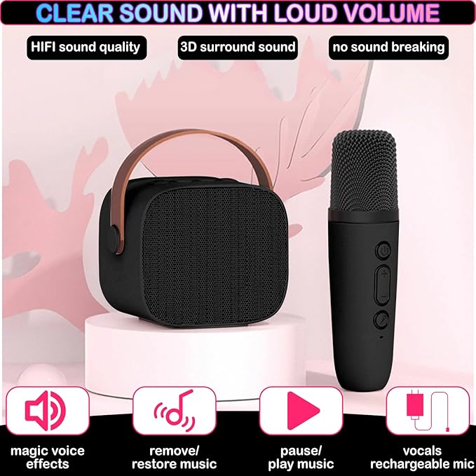 Mini Karaoke Machine for Kids & Adults, Kids Toys for Girls & Boys Gifts, Bluetooth Speaker with 2 Wireless Microphone for Kids Adults Toddler Girls Home Party Birthday Gifts Black