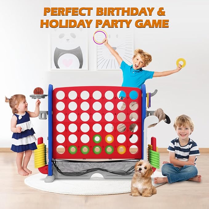 JOYLDIAS Jumbo 4-to-Score Giant Game Set, 4 in a Row Game with Ring Toss, Golf & More, 3.5FT Tall Indoor/Outdoor Connect Game with 42 Jumbo Rings & Quick-Release Slider, Holiday, Party & Family Games