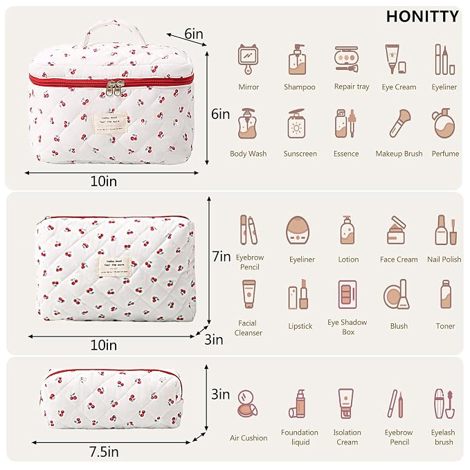 honitty Makeup Bag,Quilted Cosmetic Bags,Large Floral Make Up Organize bag,Makeup Bag Set for Women,Flower Travel Toiletry Bag