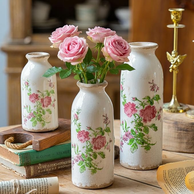 Vintage Vase Set of 3, Ceramic Vintage Flower Vases, Decorative Home Decor Retro Floral Vase Rustic Farmhouse Decor for Table Bookshelf Mantel Kitchen Living Room Office - Pink Flower