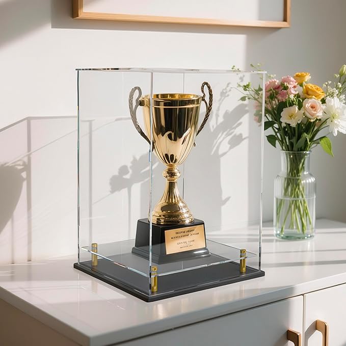 Acrylic Display Case with Floating Shelf & Thick Base – UV-Protected Collectible Showcase for Souvenirs, Figurines, and Memorabilia (8" Lx8 Wx12 H)