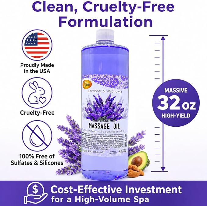 SPA REDI Lavender Massage Oil – Zero-Residue Botanical Blend for Deep Tissue & Dry Skin Care | Vitamin E, Avocado & Almond Oil | Sulfate-Free, Cruelty-Free | Professional & At-Home Use | 32 oz