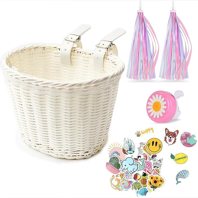Kid's Bicycle Basket,Colored Tassels Wicker Front Handlebar Bike Basket Handlebar with Streamers Bell and Stickers,Bicycle Decoration for Girls and Boys