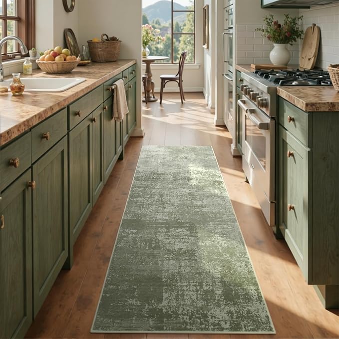 2x6 Ft Washable Runner Rug, Non-Slip Low Pile Hallway Kitchen Area Rug, Soft Long Entryway Floor Mat Abstract Pattern Carpet for Bedside & High-Traffic Areas (Green)