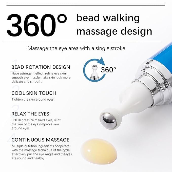 5% Caffeine Eye Serum with 360° Massage Roller Serum for Dark Circles & Relieve Puffiness, Reduce Wrinkles and Fine Lines, Bags, Tighten Lifting Under Eye Cream-0.5 OZ