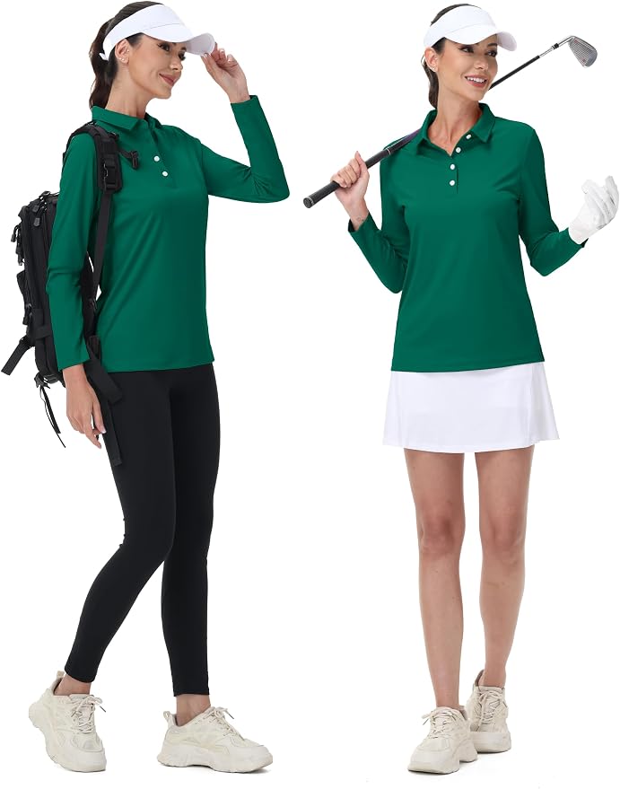 MAGCOMSEN Long Sleeve Polo Shirts for Women Golf Tops with Collar Work | UPF 50+ Sun Protection, 4 Buttons, Moisture Wicking, Breathable, 4-Way Stretch, Collared, Quick Dry, Active, Casual, Tennis