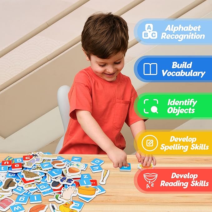 Magnetic Letters & CVC Word Games, Phonics Games, Alphabet Learning Toys, Refrigerator Fridge ABC Magnets for Kids, Speech Therapy Toys for Toddler, Spelling Reading for Preschool Classroom