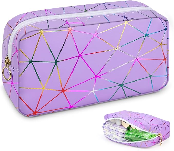 Tampon Holder for Purse Period Bag Waterproof Geometric PU Sanitary Napkin Storage Bag Portable Menstrual Cup Pad Pouch Cute Makeup Bag Feminine Gift Vibrant Purple