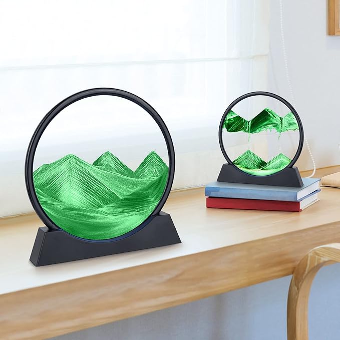 Moving Sand Art Picture - 3D Quicksand Painting Decor - Round Glass 3D Deep Sea Sandscape - Relaxing Home Decoration Desk Toys for Home Office Desk Mantle Bookshelf- (Green, 12 in)