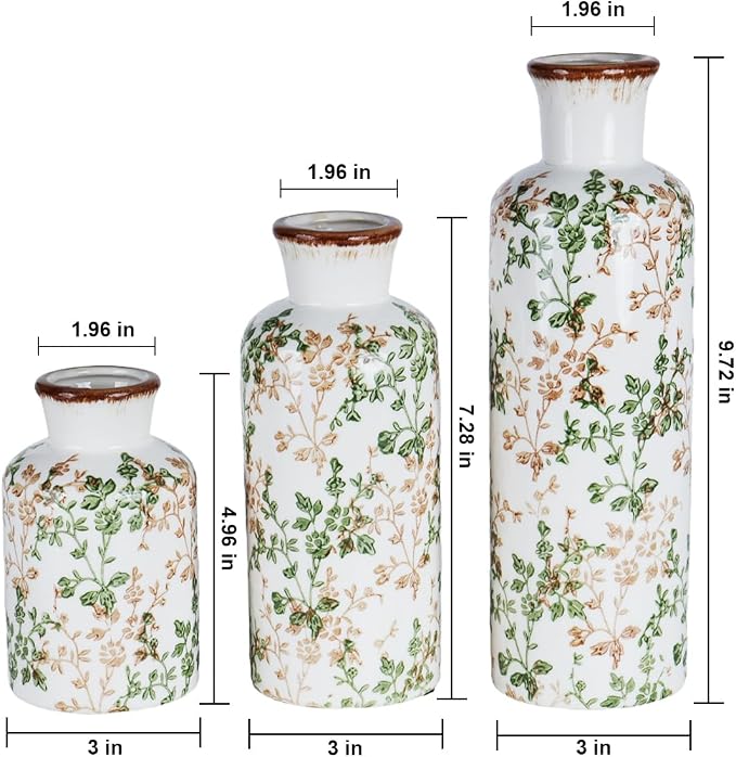 Brown and Green Ceramic Vase Set of 3, Vintage Botanical Vases for Decor | Crackle glaze and distressed rims for Tuscan living rooms, mantels and dining table centerpieces