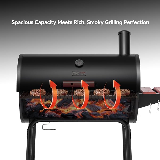 Royal Gourmet CC1830V 30 Barrel Charcoal Grill with Wood-Painted Side Front Table, 627 Square Inches Cooking Space, for Outdoor Backyard, Patio and Parties, Black | Wood-Painted Table, 627 Square Inches Cooking Space, Outdoor BBQ Grill for Outdoor Back...