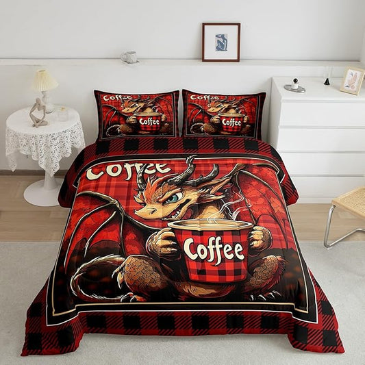 Feelyou Dragon Comforter Set King Size Dragon Stuff Comforter for Boys Girls Teens Coffee Bedding Set Dragon Decor Duvet Set Room Decor Red Brown Quilt Set