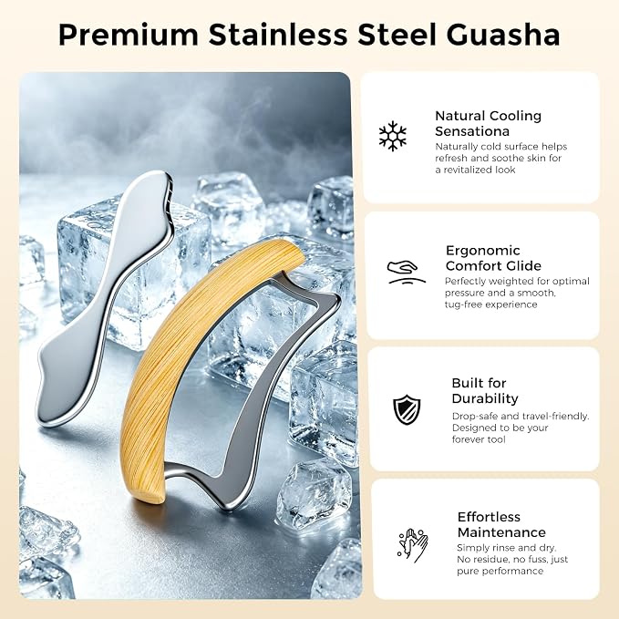 Muscle Scraper Tool, 2 in 1 Stainless Steel Gua Sha Tool for Body with Wooden Handle, Muscle Scraper Scraping Massage Tools for Physical Therapy, Fascia Scrapers for Back Legs Arms Shoulder