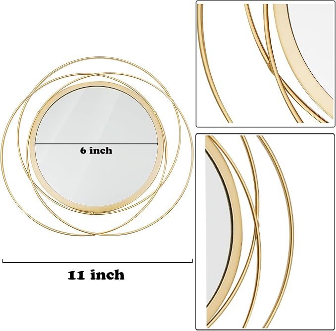 3 Set Round Mirrors for Wall Decor Living Room Bedroom Bathroom Dining Room Metal Circle Mirror Set Boho Decorative Sunburst Wall Art Accent Entryway - Gold 11 in