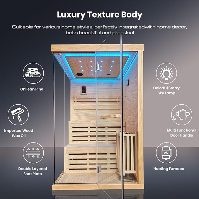 OUTEXER 2-3 Person Steam Sauna Traditional Saunas Home Spa Room Wet Indoor Saunas 7 Color LED Lights with 240V 3KW Heater,Sauna Stone,Wooden Bucket,Spoon,Thermometer,Hourglass,Cup Holder