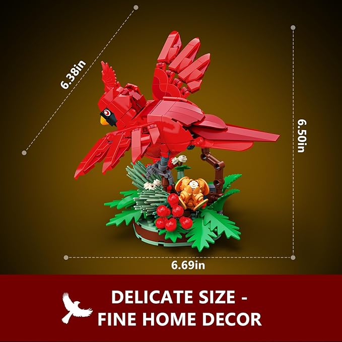 Northern Cardinal Building Block Set, Male Northern Cardinal Fly in Winterberry Plant Bush, Red Bird Figurine, Ideal for Home and Office Décor, Christmas Toy Gift for Kids, Adults