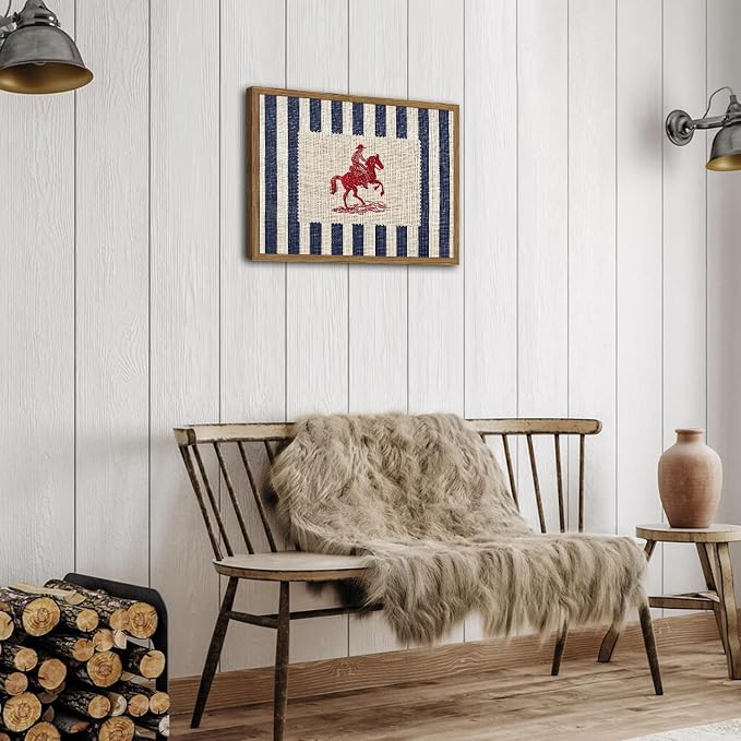 Vintage Western Wall Art Mid Century Striped Cowboy Wall Decor Painting Blue and White Southwest Poster Canvas Print for Bedroom Lving Room 16x24 inch Wood Framed