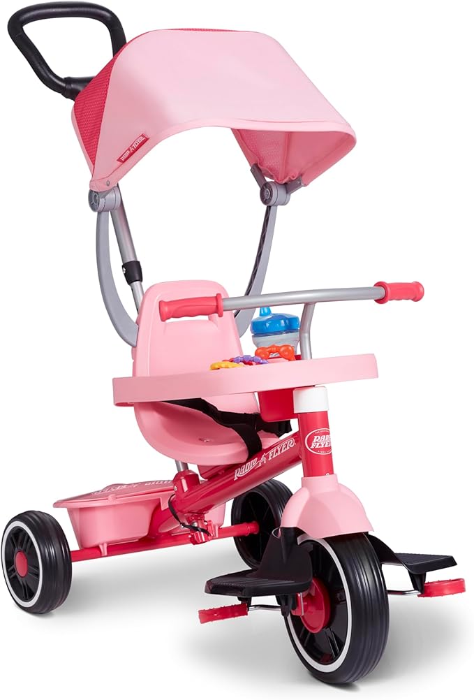 Radio Flyer Stroll N Trike Grows with Child, Converts from Parent Steering to Pedaling for Ages 1-5, Features Safety Harness, UV-Protection Canopy, Cup Holder, Toy Storage, and More, Amazon Exclusive