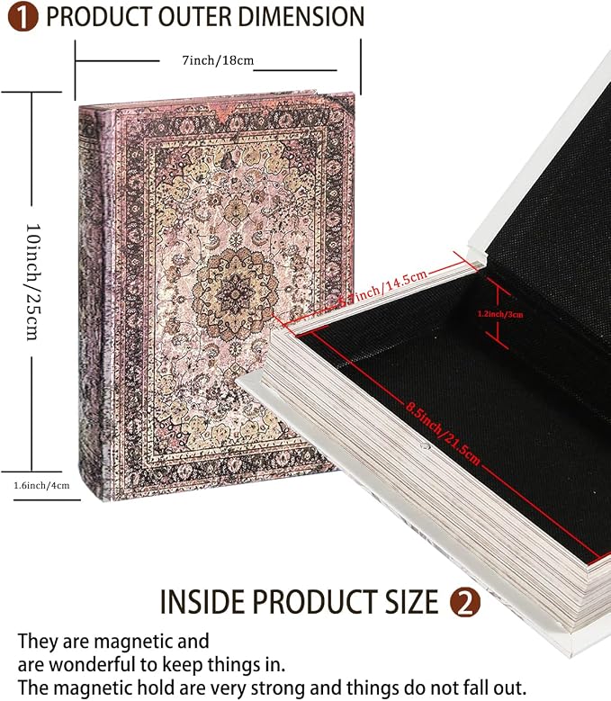 Decorative Wooden Book Box - Vintage Faux Book Boxes for Home Decor, Secret Storage with Magnetic Closure, Antique Style, Persian Rug Pattern Leather Cover, Perfect for Home Office Bookshelf, 10x7x1.6