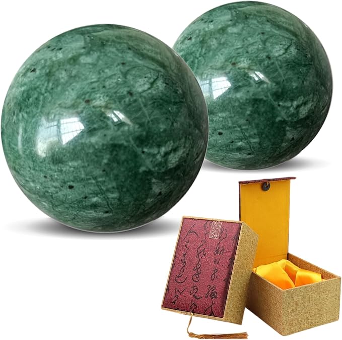 Traditional Chinese Baoding Balls, Marble Health Exercise Stress Relief Balls with a Retro Style Tassel Boxes for Gift, Dark Green, 2-Piece Set, Medium-1.57"