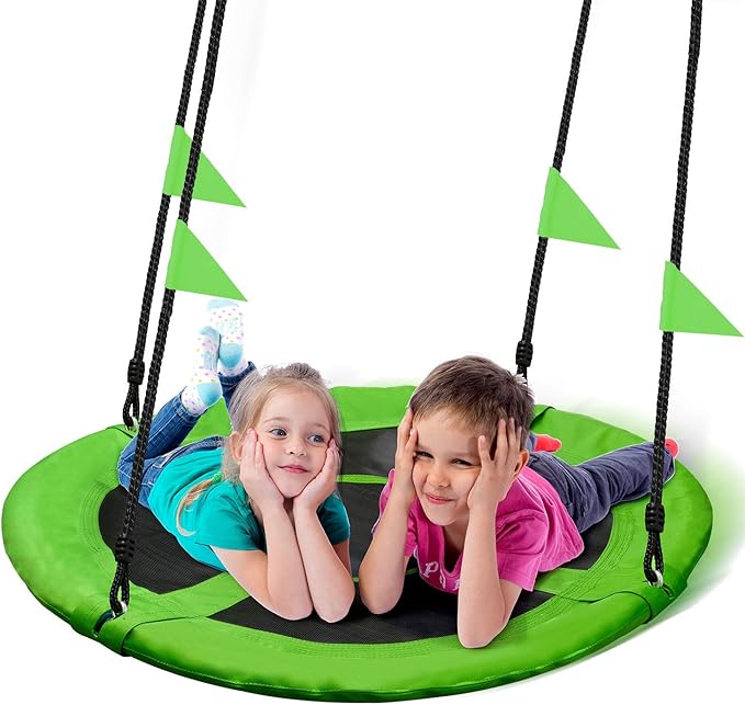 PACEARTH 40 Inch Saucer Tree Swing Flying 660lb Weight Capacity 2 Added Hanging Straps Adjustable Multi-Strand Ropes Colorful Safe and Durable Swing Seat for Children-Green