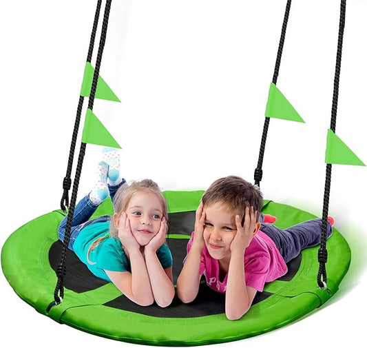 PACEARTH 40 Inch Saucer Tree Swing Flying 660lb Weight Capacity 2 Added Hanging Straps Adjustable Multi-Strand Ropes Colorful Safe and Durable Swing Seat for Children-Green