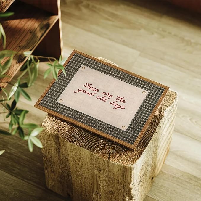 Framed These Are The Good Old Days Wall Art, Vintage Family Inspirational Quote Pictures Wall Decor, Retro Green Gingham Paintings Prints Motivational Home Decor for Living Room Bedroom 12x16 inch