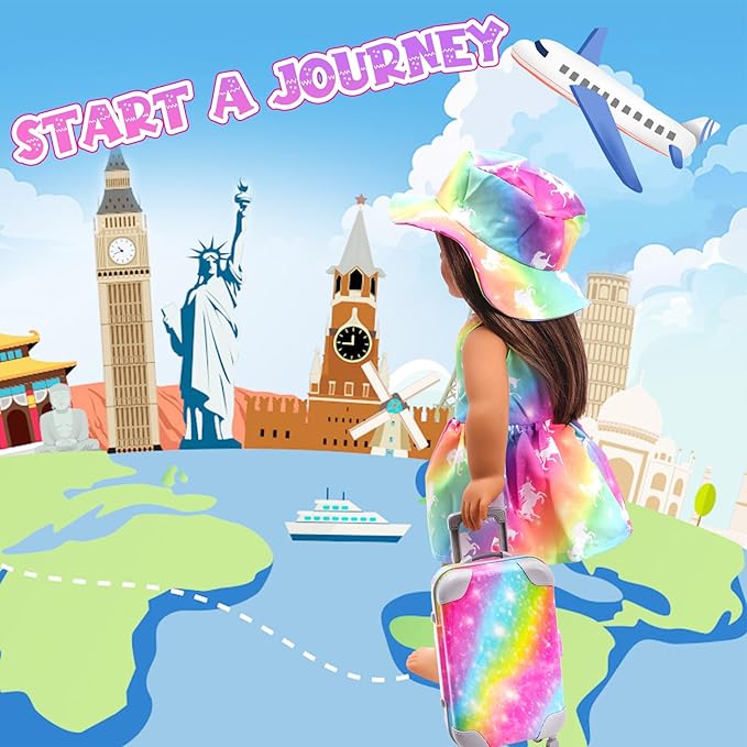 HAPGFS American 18 Inch Doll Accessories Travel Set Brilliant Colors Including Suitcase Luggage and Dress with Hat, Camera, Makeup Sets Dolls Travel Gear Play Set Gift for Birthday (NO Doll)