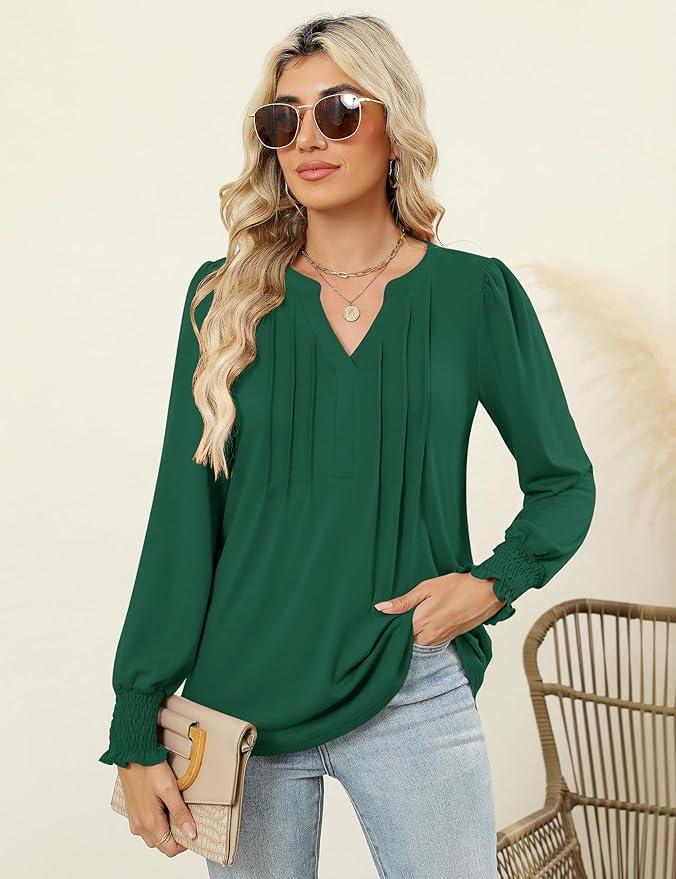LOMON Womens Tops Dressy Casual Pleated Ruffle Long Sleeve Tunics Tops to Wear with Leggings V Neck Work Blouse