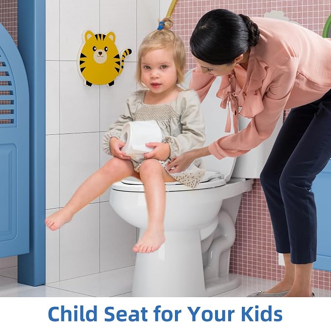 Elongated Toilet Seat, Toilet Lid Slow Close Quiet No Thud, Magnets Down Lock Quick Release Full Flat Potty Training Toilet Seat with Child Toddler Seat White, 19" Bunk Cover