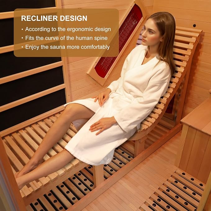 Far Infrared Wood Sauna, 1 or 2 Person Home Canadian Hemlock Luxurious Wooden Traditional Indoor Sauna, 2300W Spa Room with Recliner, 8 Heating Element, Bluetooth Speaker, Lights, Oxygen Bar