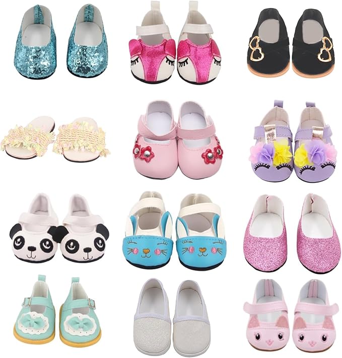 Doll Shoes for 18 Inch American Dolls, Includes 7 Doll Shoes ( Random from 20 ) and 2 Doll Socks, Fashion Princess Shoes Boots Leather Shoes Canvas Sneaker, Gifts for Little Kids
