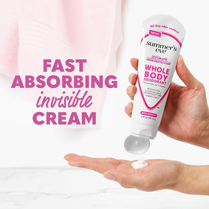 Summer's Eve Simply Sensitive Whole Body Deodorant for Women, Aluminum-Free Ultimate Odor Control Cream, 3 Oz