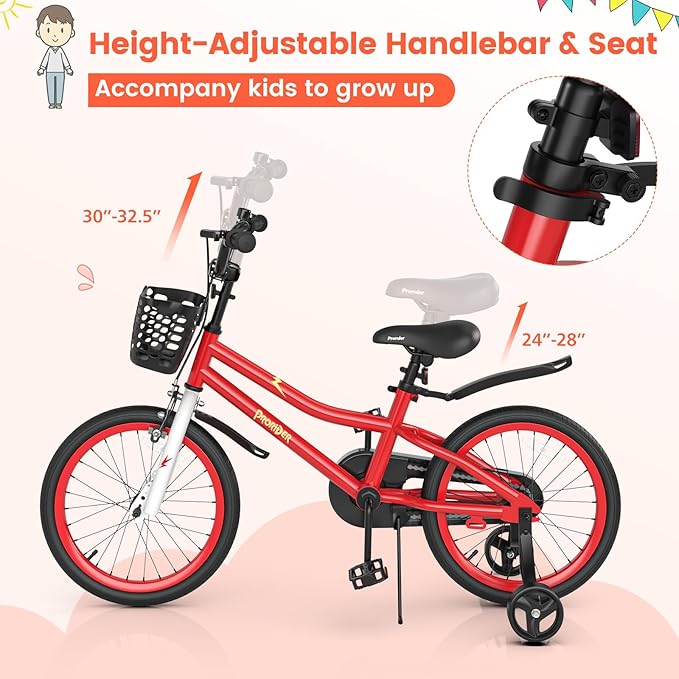 BABY JOY Kids Bike, 12 14 16 18 20 Inch Children Bikes for Boys Girls Teens 3-8 8+ Years w/Training Wheels or Kickstand, Handbrake, Coaster Brake & Removable Basket, Kids Bicycle of Multiple Colors