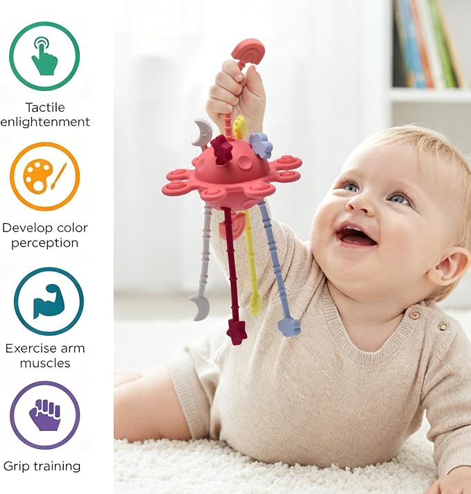 Little Rawr Silicone Baby Sensory Montessori Toys & Pull String Teething Toys for 18 M+, Toddler Birthday Gift Car Seat Airplane Travel Toy for 1 2 Year Old Boy Girl Infant 18+ Months Old (Red)