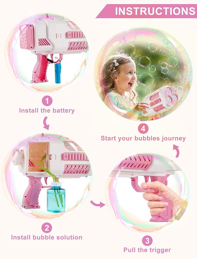 Upgraded Bubble Machine Gun - Auto Bubble Blower, 8000+ Bubbles Per Minute for Kids & Adults Indoor/Outdoor Party Halloween Toys- Pink