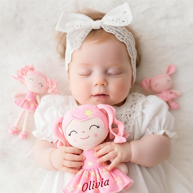 Gloveleya Personalized Baby Doll – Custom Name Rag Doll Gift for Girls | Pink Star Plush Keepsake for Birthday, Baby Shower & Christmas | Soft Huggable Comfort Toy 12 Inch