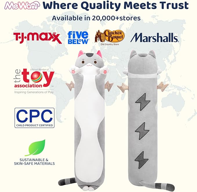 20” Long Cat Plush 5 Sizes, 120% Extra Filling Giant Plushness Kids Body Pillow, Kawaii Cute Grey Cat Stuffed Animals Plushies, Big Long Body Pillow Cat Plush Gift for Girls 20”