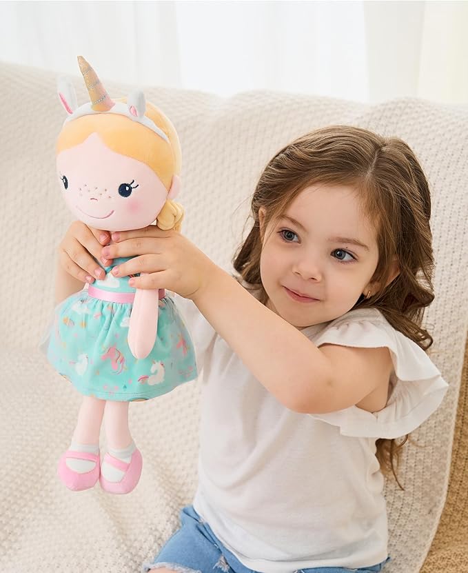 Soft Baby Doll Toys (16'') for Girls, My First Baby Rag Dolls for 1 Year Old Girl Birthday Gift Plush Doll Toys Machine Washable Baby Doll for Toddler Kids Infants - Unicorn Girl